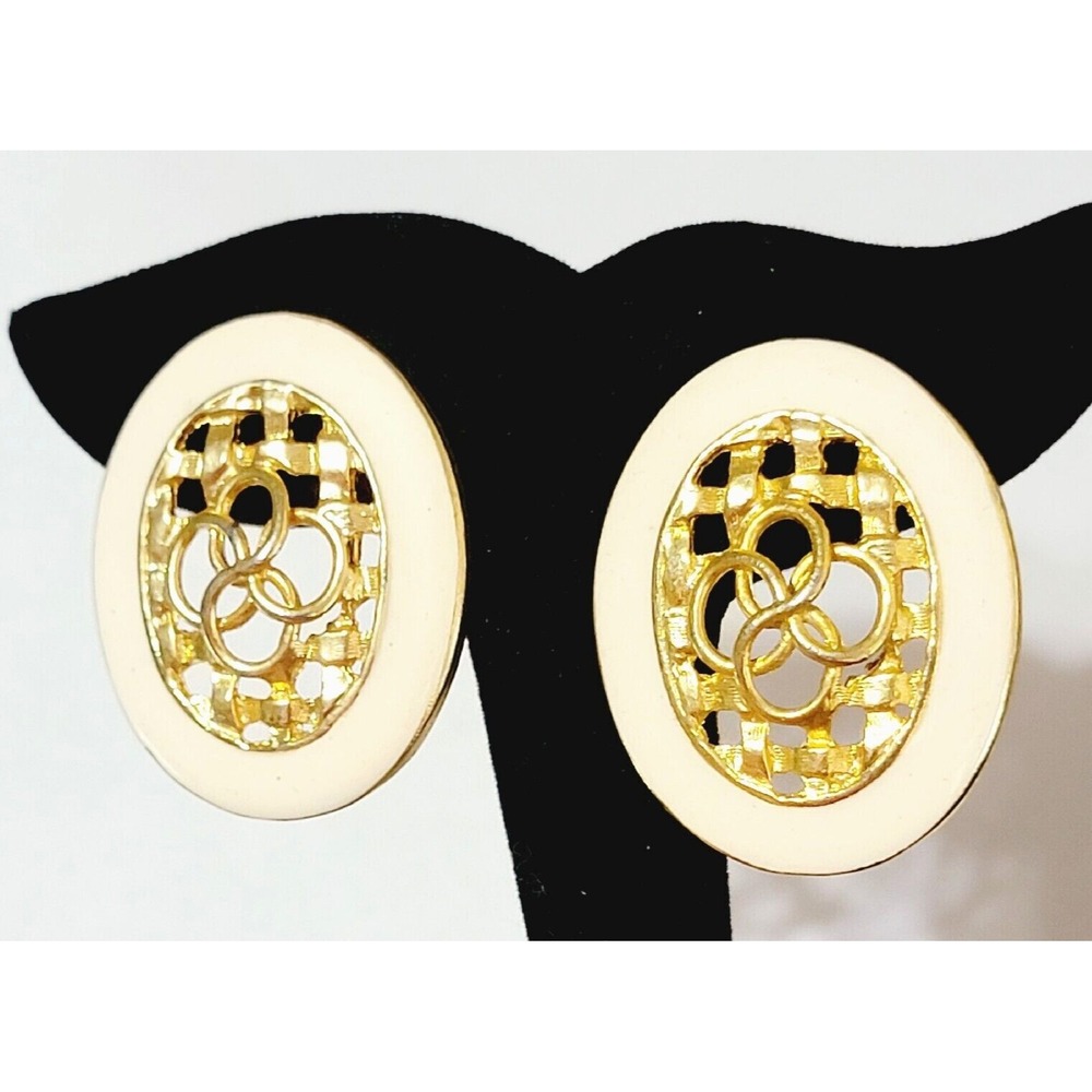 Vintage Large Enameled Oval Pierced Earrings Cream White‎ & Gold-tone 1.5" wp-9 - Picture 2 of 6